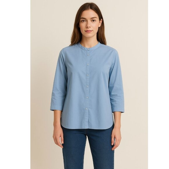 Eileen Fisher Blue Organic Cottton Button Front Tunic Top Mandarin Collar Sz XL - Picture 1 of 10